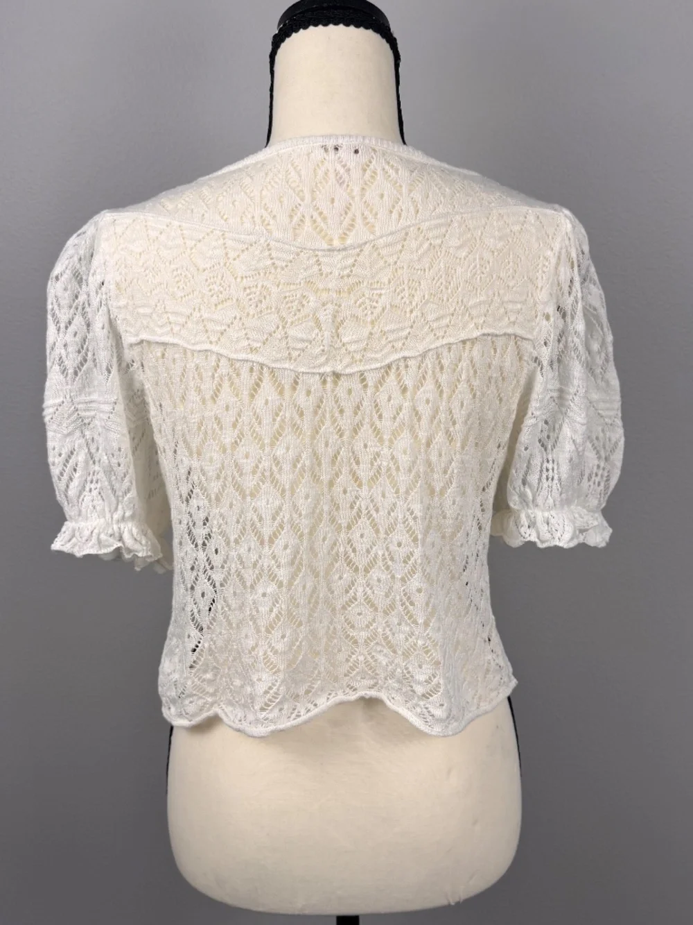 Free People Cream Lace Tie-Front Cardigan Puff Sleeve Boho Cottagecore Top M